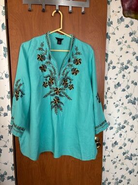 SilkLand Turquoise V-Neck Embroidered Floral Tunic